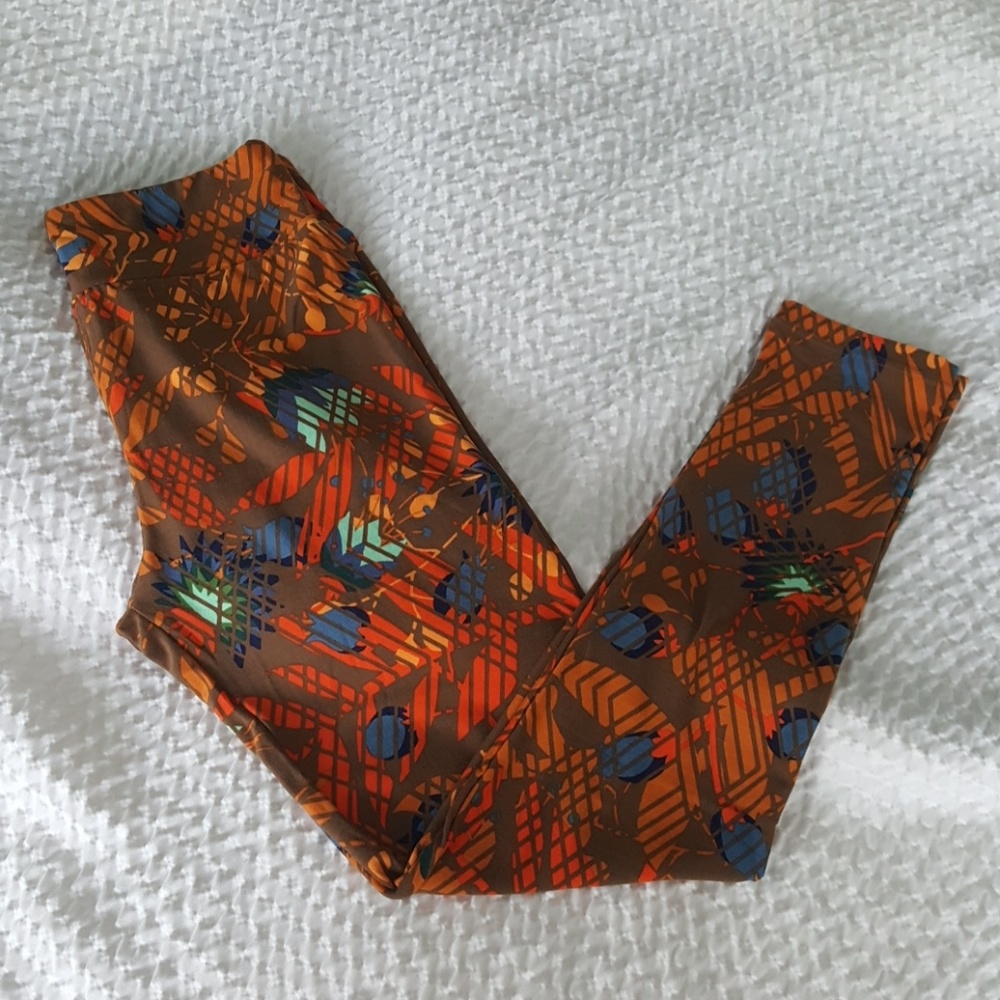 LuLaRoe OS Leggings Brown Orange and Blues